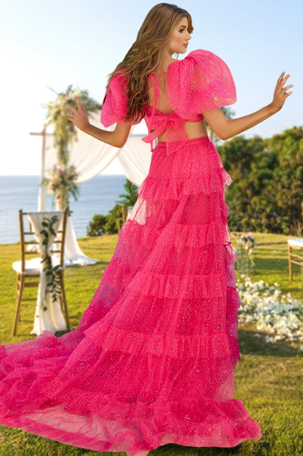 A-Line/Princess Tulle Two-Pieces Long Prom Gowns Evening Party Dress with Sequins/Split Side BabaMila
