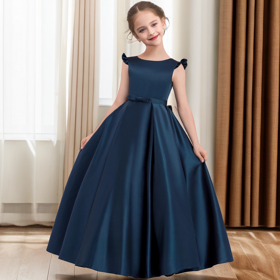 Ball Gown Boat Neck Flutter Straps Floor-Length Satin Flower Girl Dresses/Girls Birthday Dresses With Belt/Bow Girls Gidiondress