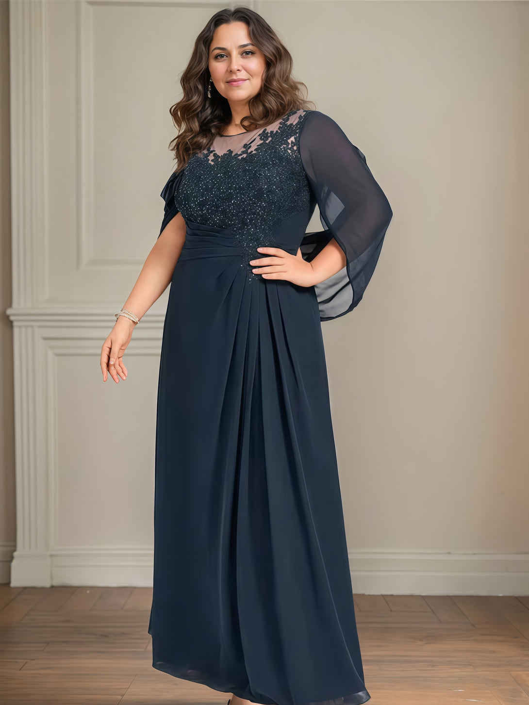A-Line Scoop Neck Cape Floor-Length Chiffon/Lace/Sequins Mother of the Bride Dress With Pleated/Appliques BabaMila