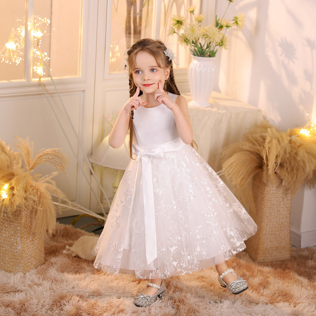 Ball Gown/Princess Scoop Neck Sleeveless Lace/Satin/Tulle Ivory Tea-Length Flower Girl Dresses/First Communion Dress With Belt Girls Gidiondress Ivory 12M