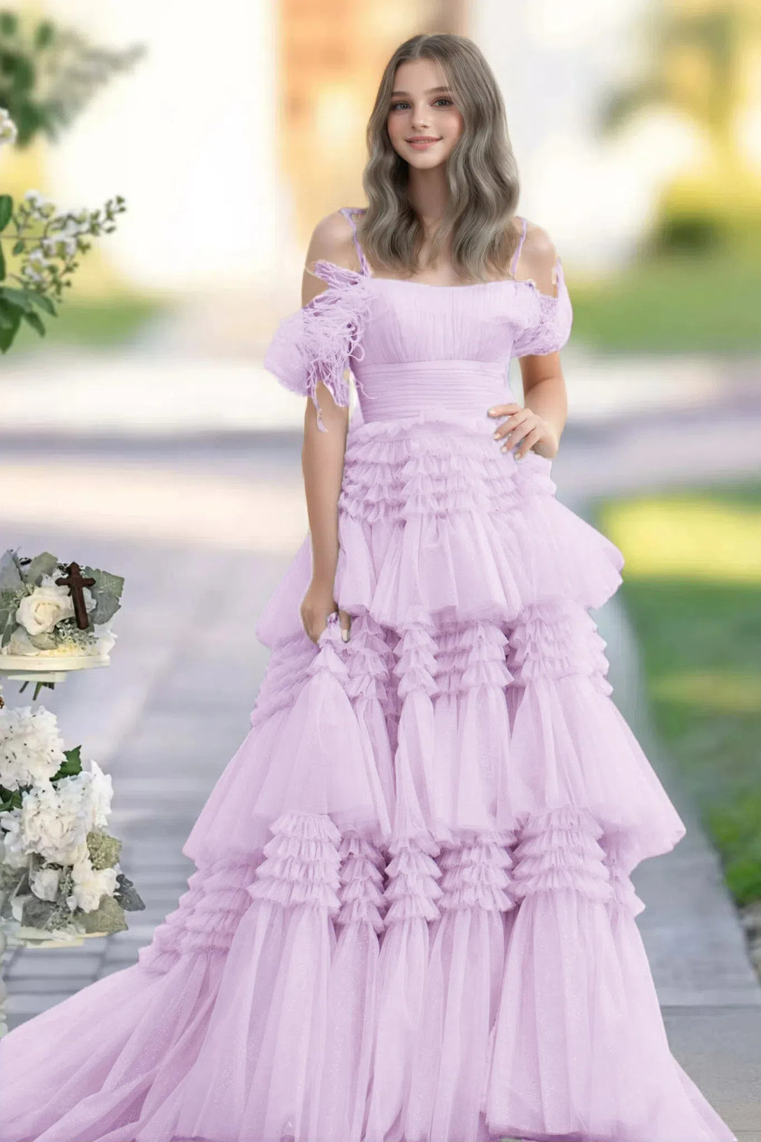 A-line Square Neckline Strapless Floor-Length Mist Blue Tulle Prom Dress with Ruffles Slit BabaMila