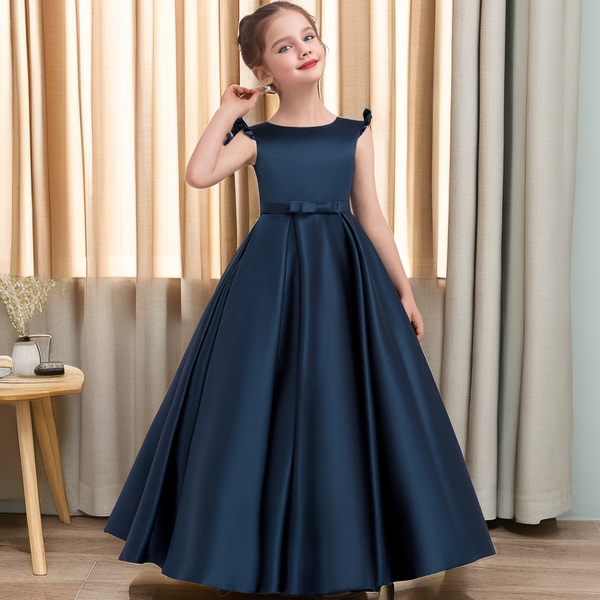 Ball Gown Boat Neck Flutter Straps Floor-Length Satin Flower Girl Dresses/Girls Birthday Dresses With Belt/Bow Girls Gidiondress as picture 12M