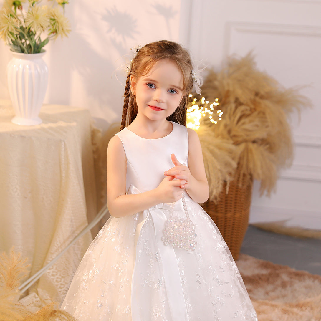 Ball Gown/Princess Scoop Neck Sleeveless Lace/Satin/Tulle Ivory Tea-Length Flower Girl Dresses/First Communion Dress With Belt Girls Gidiondress