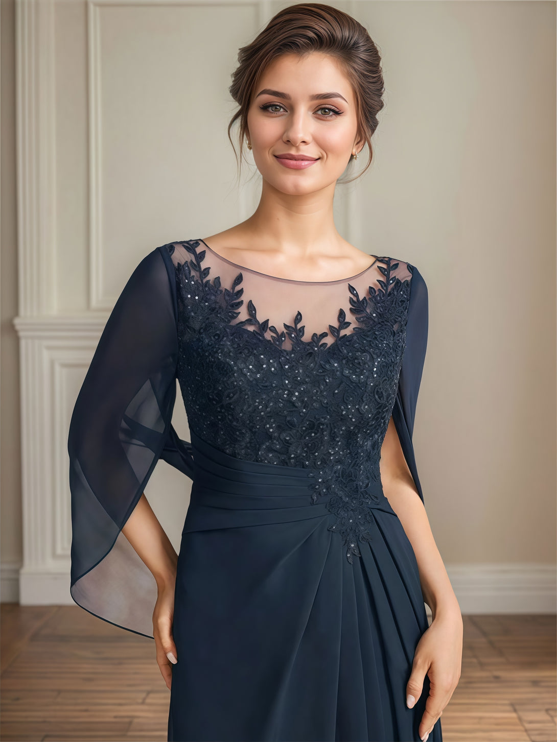 A-Line Scoop Neck Cape Floor-Length Chiffon/Lace/Sequins Mother of the Bride Dress With Pleated/Appliques BabaMila