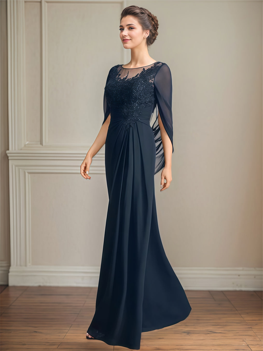 A-Line Scoop Neck Cape Floor-Length Chiffon/Lace/Sequins Mother of the Bride Dress With Pleated/Appliques BabaMila