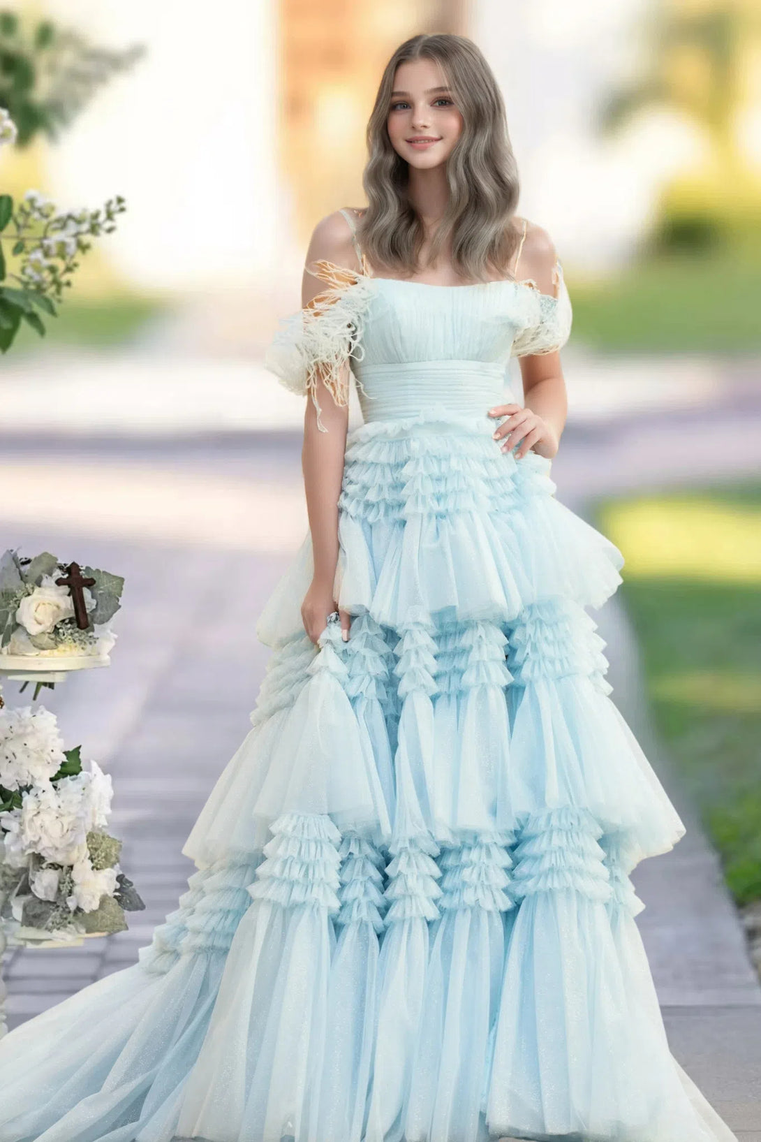 A-line Square Neckline Strapless Floor-Length Mist Blue Tulle Prom Dress with Ruffles Slit BabaMila