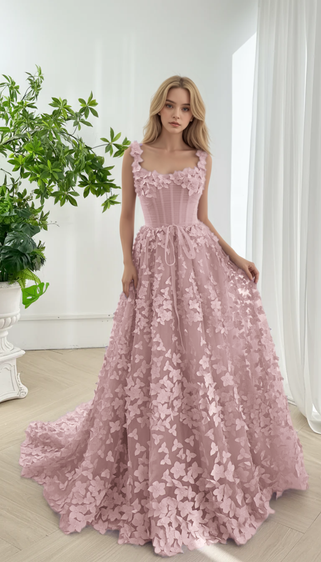 Embroidered Prom Dress Lavender 3D Floral Corset Gown with Lace-Up Back Evening Party dress BabaMila