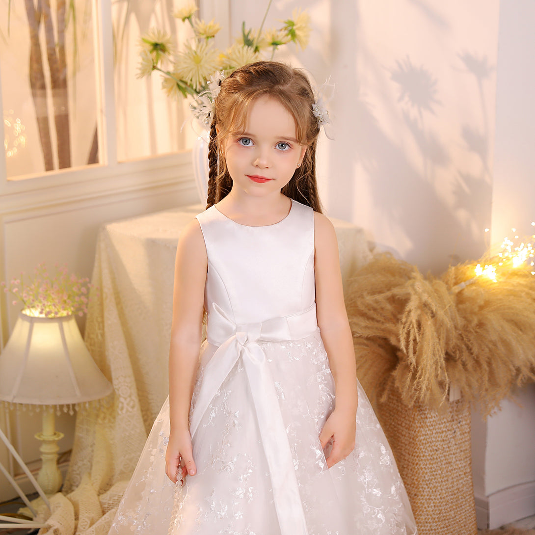 Ball Gown/Princess Scoop Neck Sleeveless Lace/Satin/Tulle Ivory Tea-Length Flower Girl Dresses/First Communion Dress With Belt Girls Gidiondress