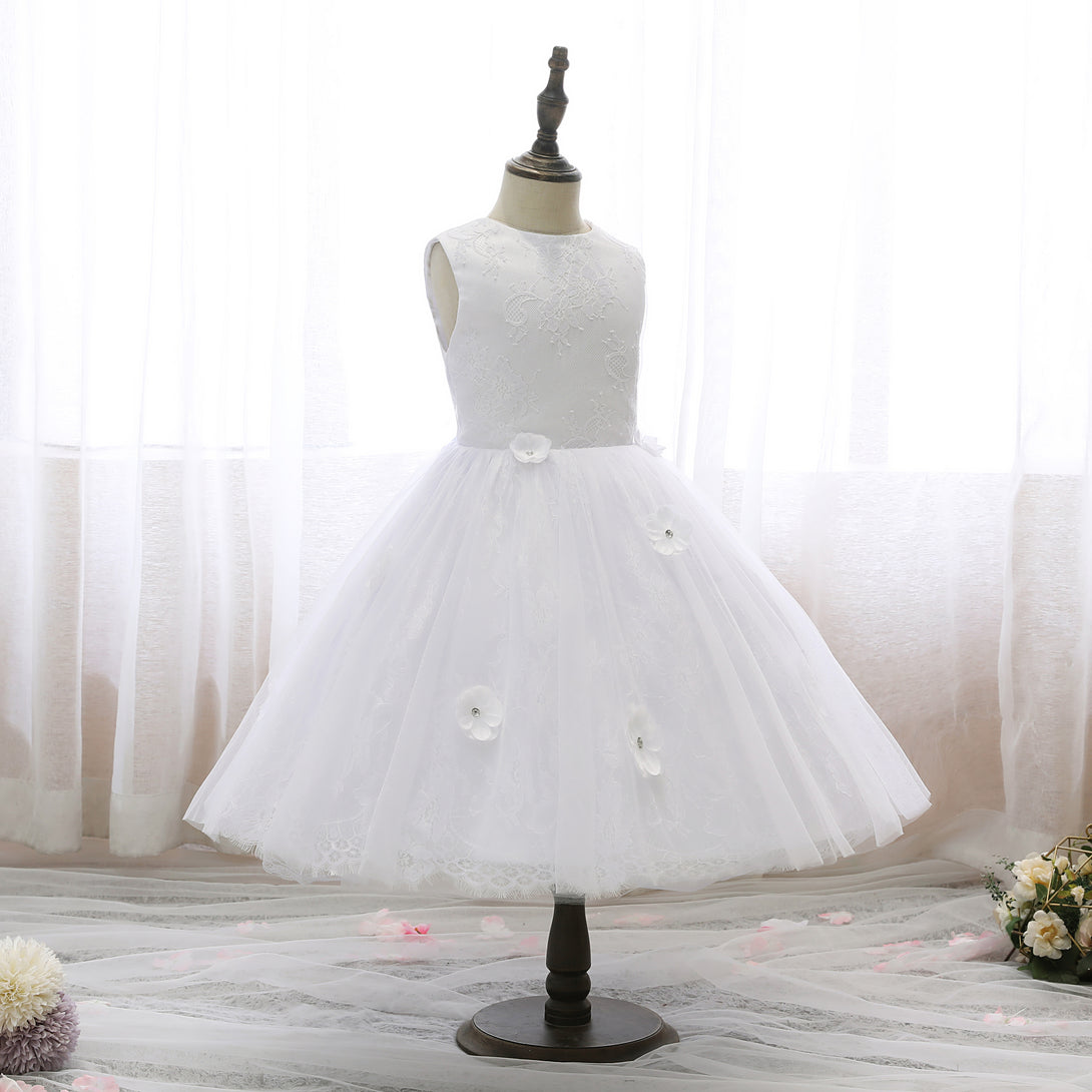 Boat Neck Sleeveless Knee-Length Lace/Satin/Tulle Flower Girl Dresses With 3D Flower Gidiondress