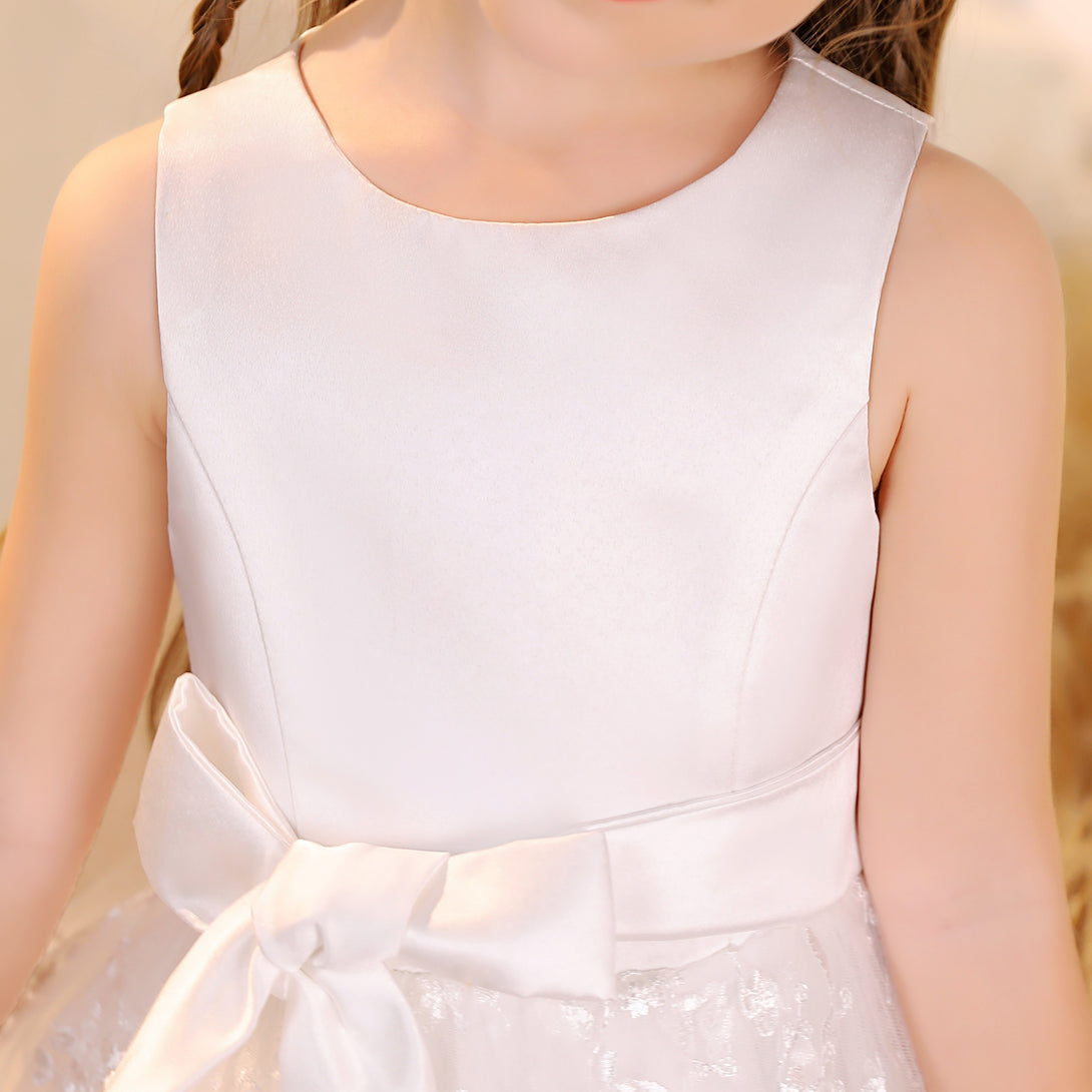 Ball Gown/Princess Scoop Neck Sleeveless Lace/Satin/Tulle Ivory Tea-Length Flower Girl Dresses/First Communion Dress With Belt Girls Gidiondress