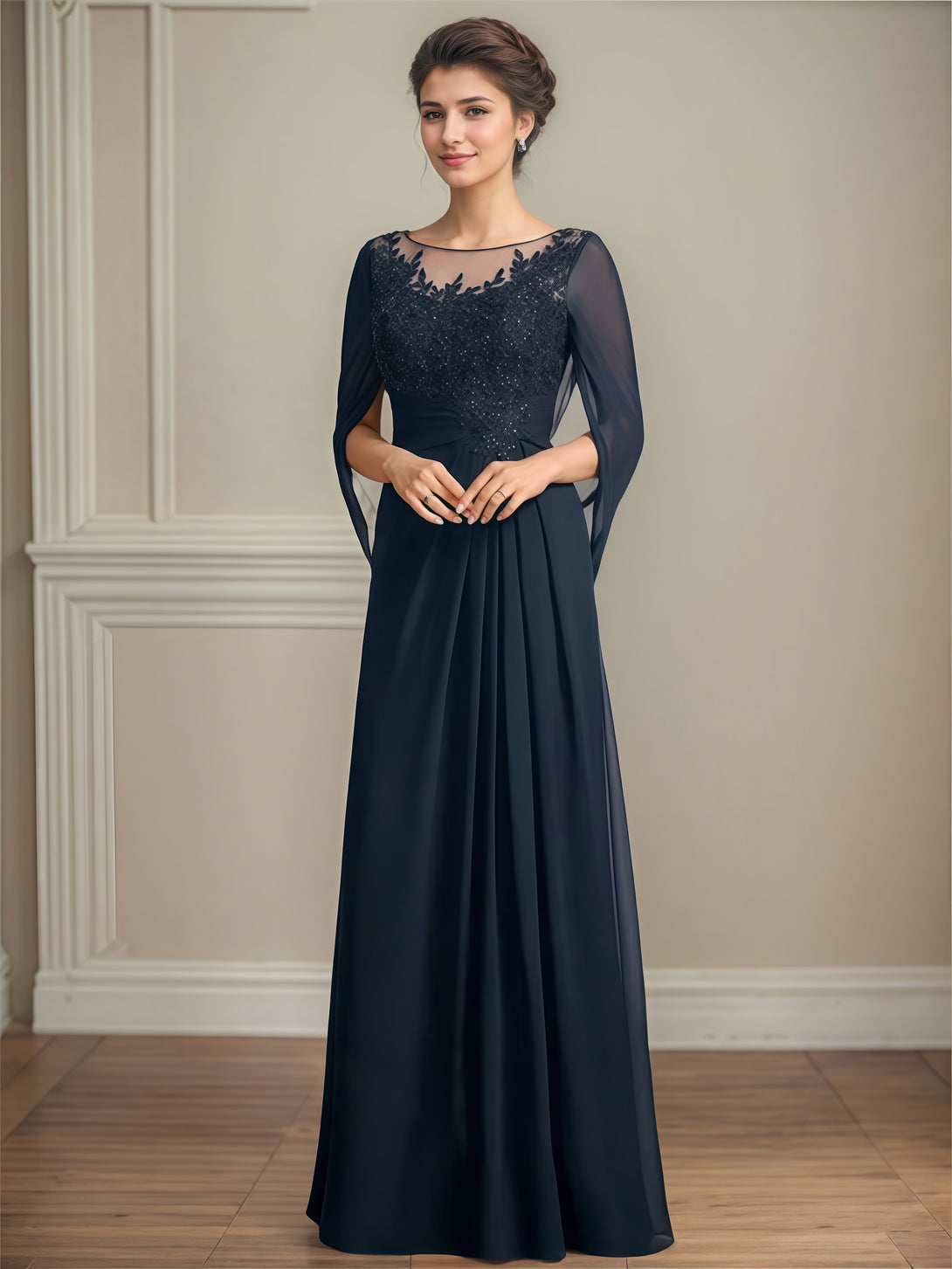 A-Line Scoop Neck Cape Floor-Length Chiffon/Lace/Sequins Mother of the Bride Dress With Pleated/Appliques BabaMila