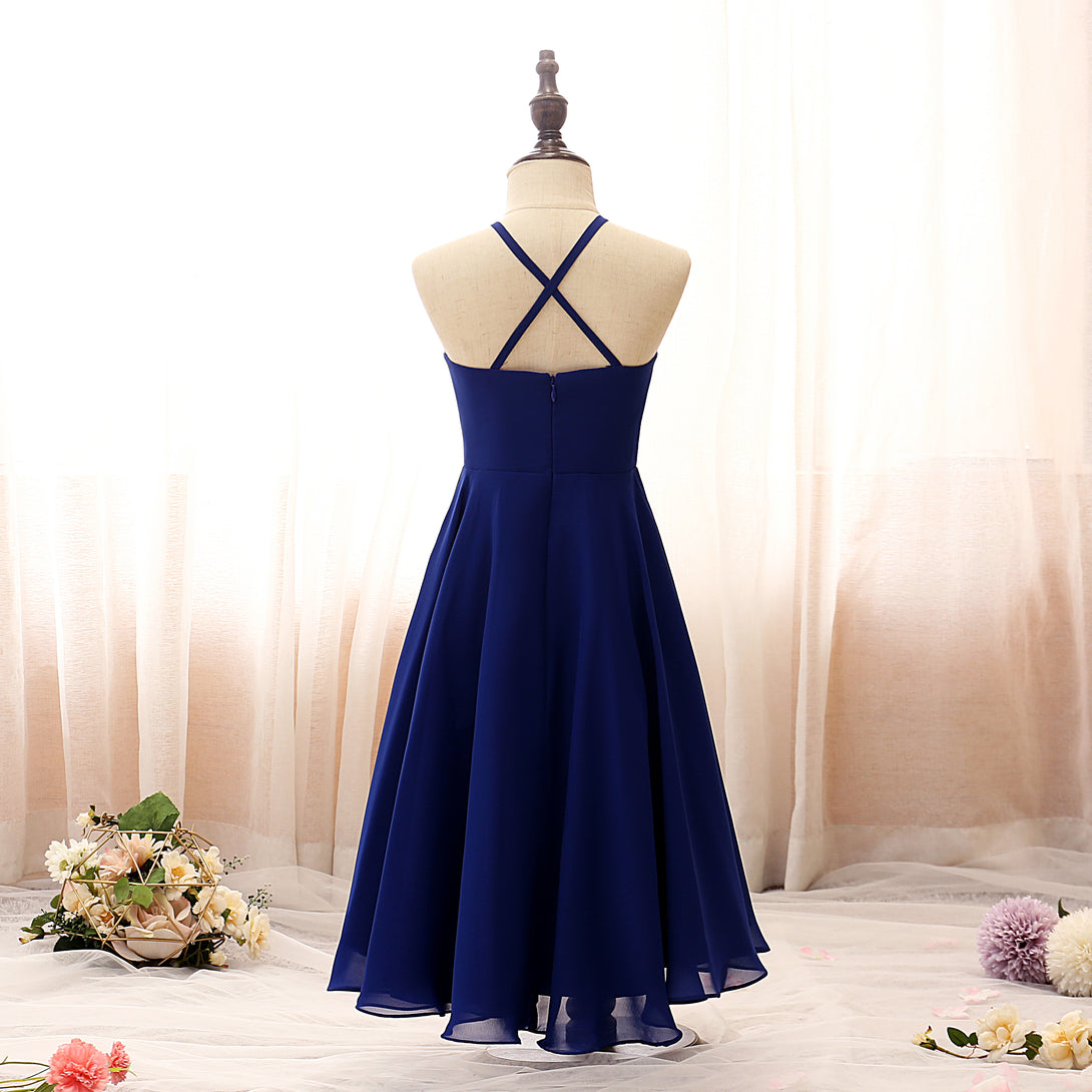 Halter Spaghetti Straps Tea-Length Chiffon Girls Birthday Dresses With Pleated Gidiondress