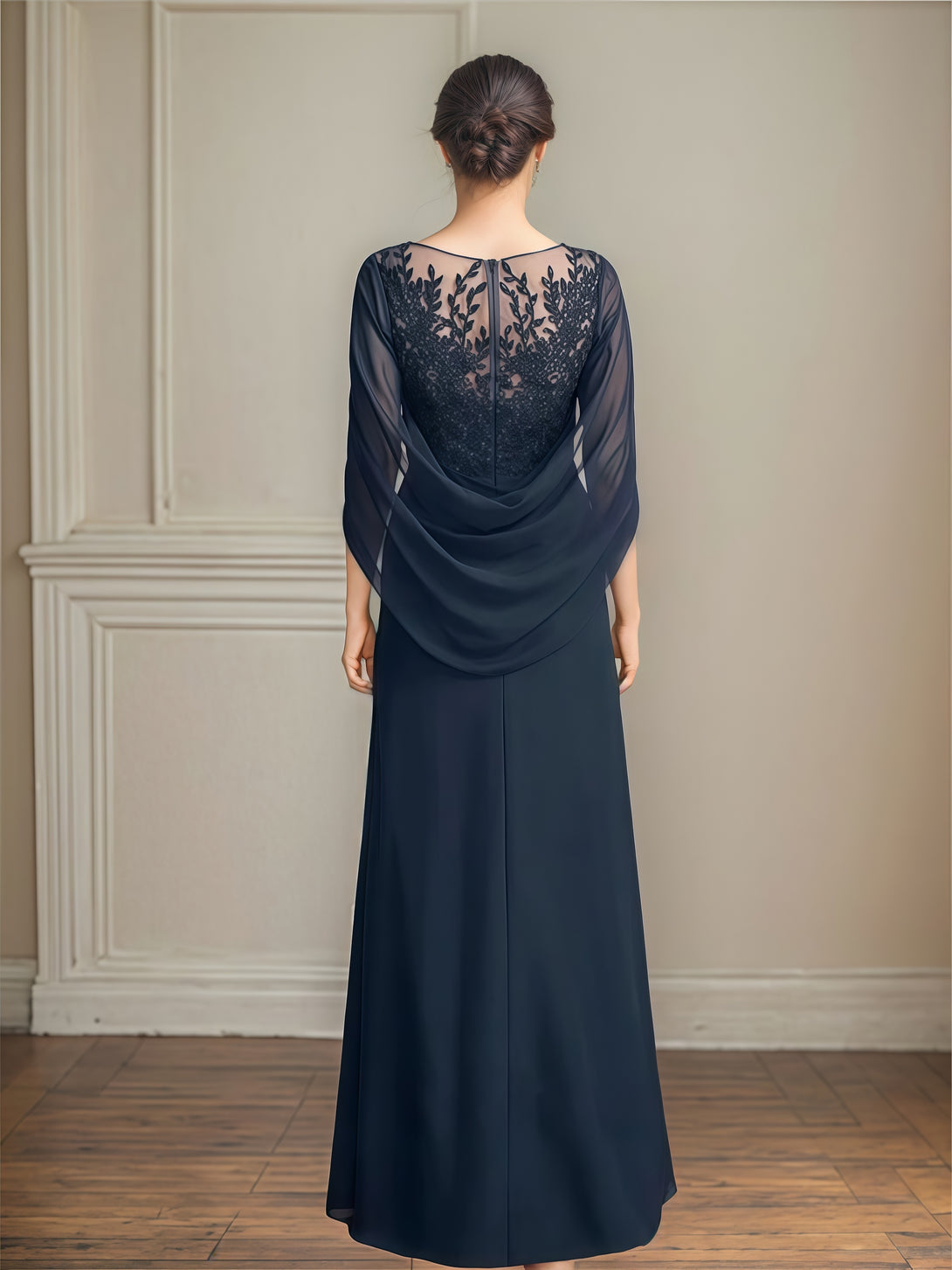 A-Line Scoop Neck Cape Floor-Length Chiffon/Lace/Sequins Mother of the Bride Dress With Pleated/Appliques BabaMila