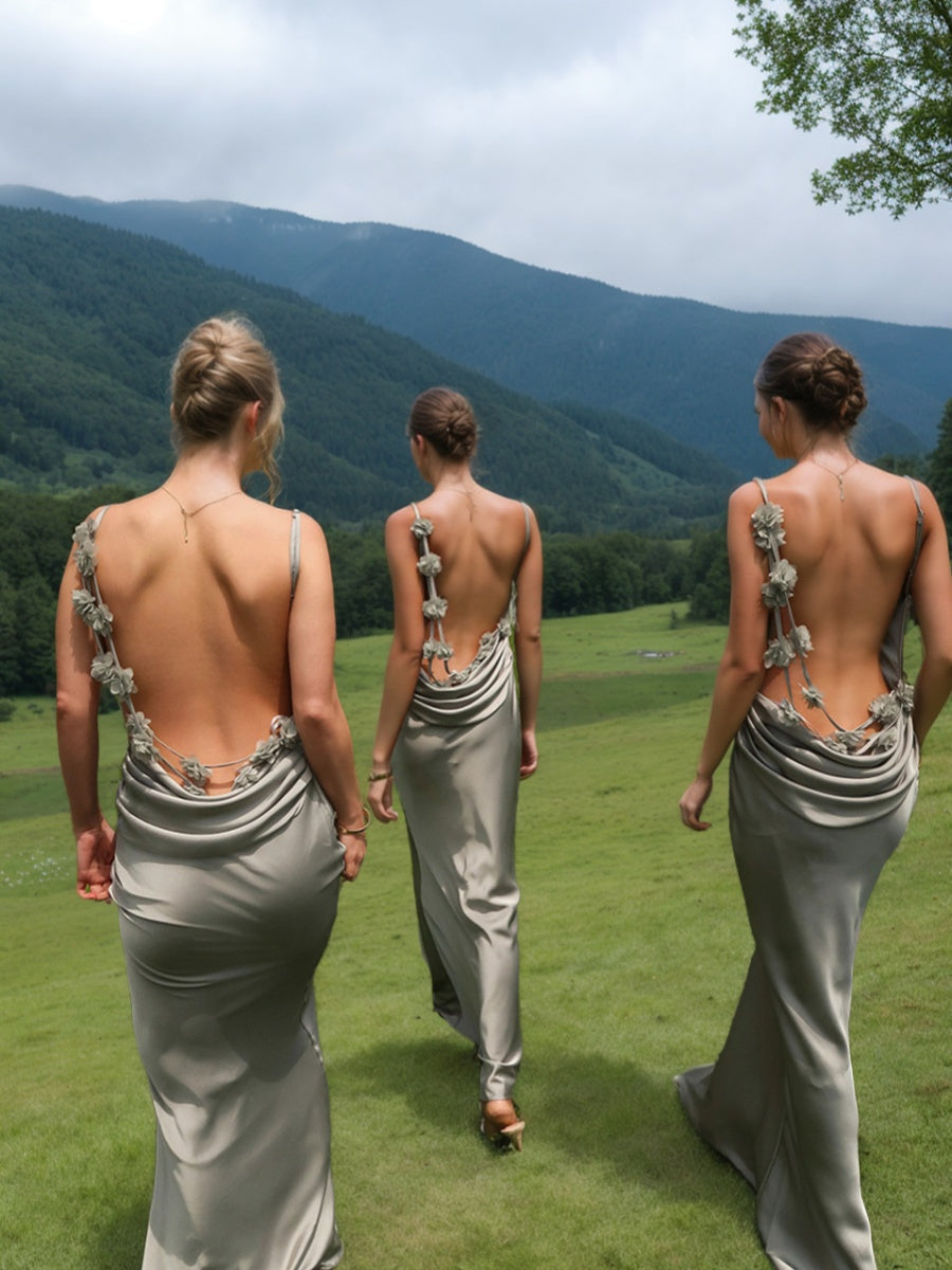 Sheath/Column Spaghetti Straps Cowl Neck Backless Floor-Length Floral Bridesmaid Dresses BabaMila