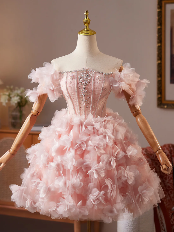 A-Line Tulle Beads Pink Short Prom Dress, Pink Homecoming Dress Homecoming Dress BabaMila
