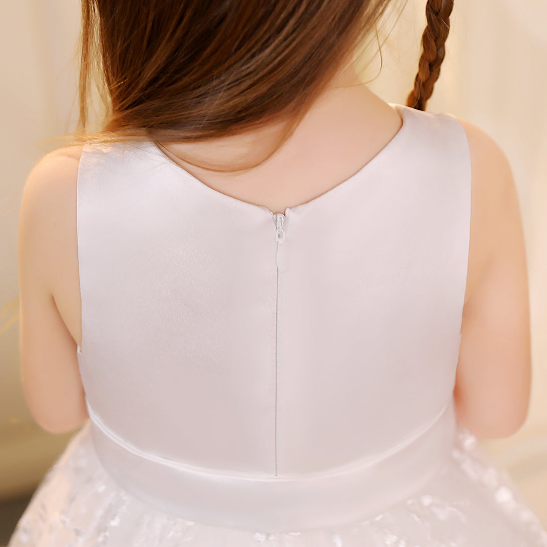 Ball Gown/Princess Scoop Neck Sleeveless Lace/Satin/Tulle Ivory Tea-Length Flower Girl Dresses/First Communion Dress With Belt Girls Gidiondress