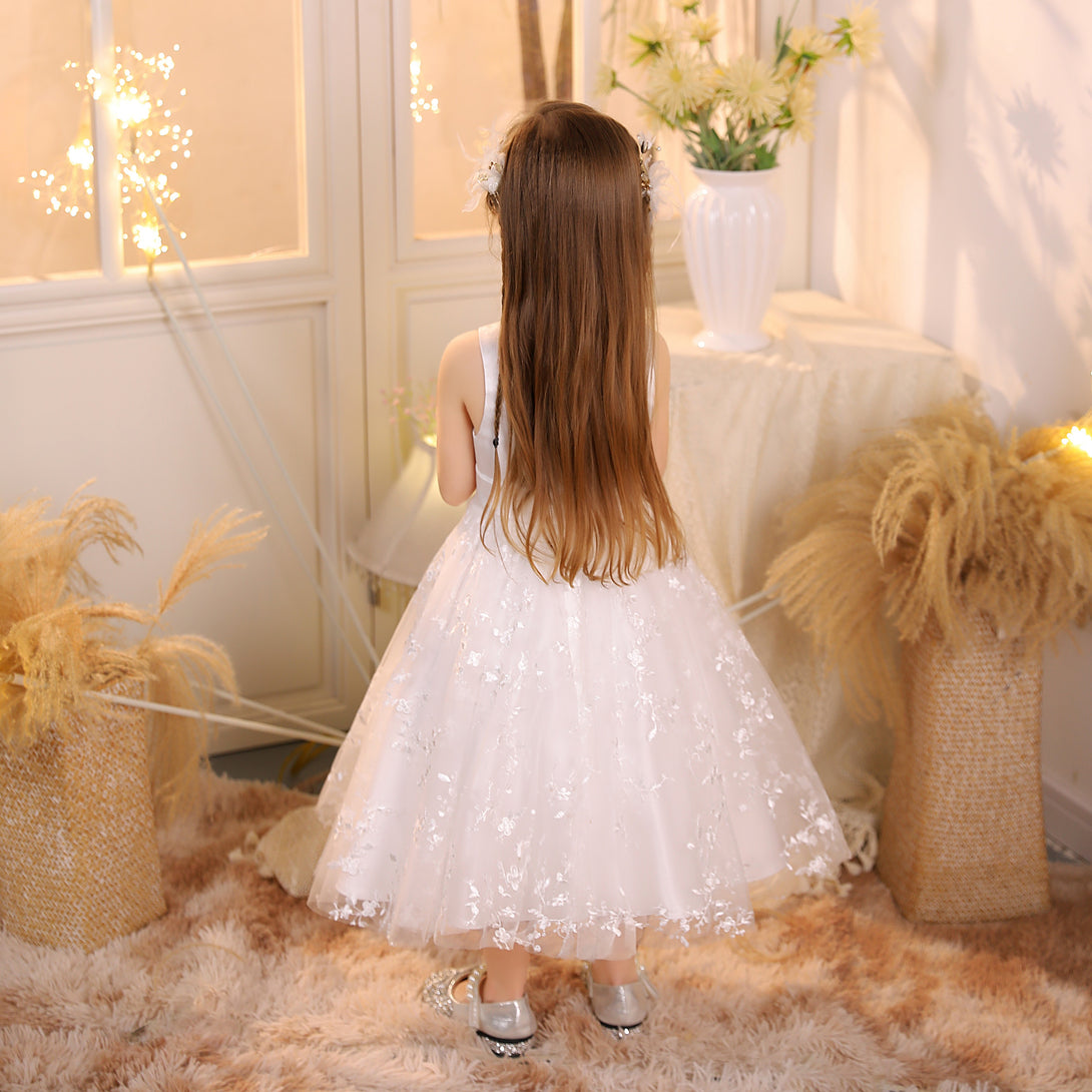 Ball Gown/Princess Scoop Neck Sleeveless Lace/Satin/Tulle Ivory Tea-Length Flower Girl Dresses/First Communion Dress With Belt Girls Gidiondress