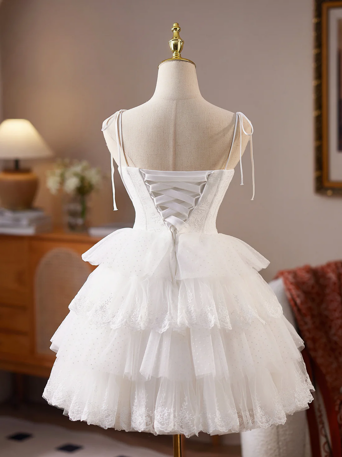 Mini Sweetheart Neck Tulle Lace White Short Prom Dress, White Homecoming Dress Homecoming Dress BabaMila