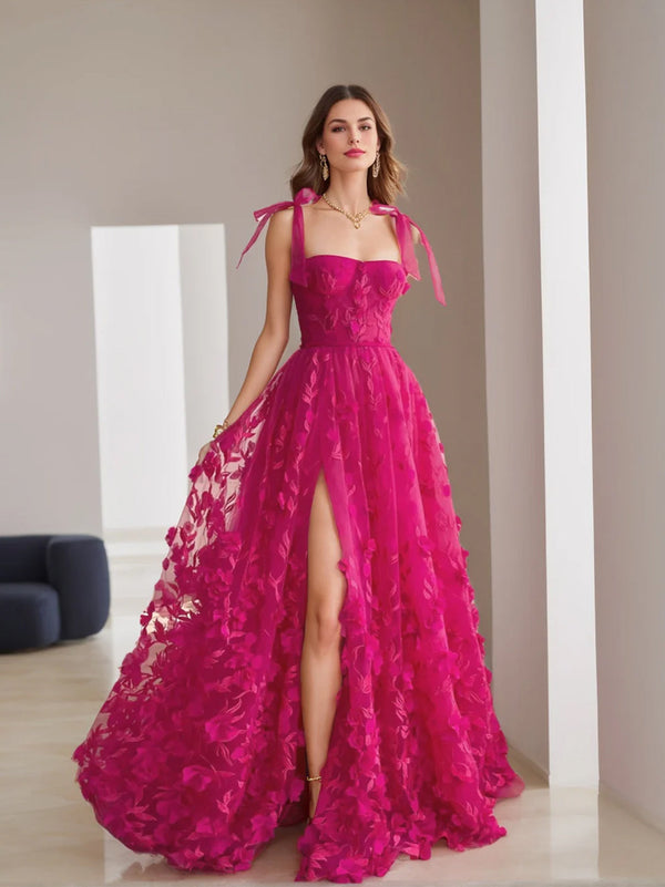 A-Line/Princess Spaghetti Straps Long Prom Floral Dresses With Split Side BabaMila