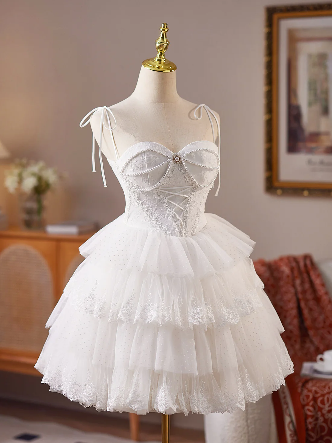 Mini Sweetheart Neck Tulle Lace White Short Prom Dress, White Homecoming Dress Homecoming Dress BabaMila