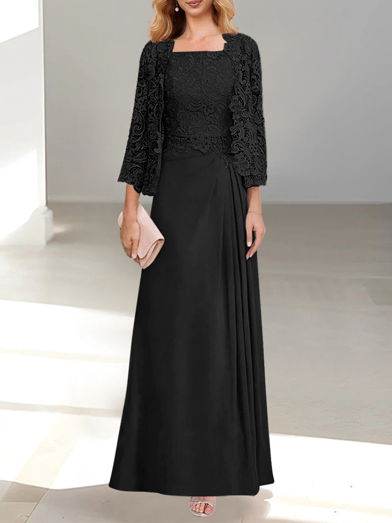 Pieces A-Line/Princess Scoop Floor-Length Mother Of The Bride Dresses With Pleated & Lace Appliques BabaMila