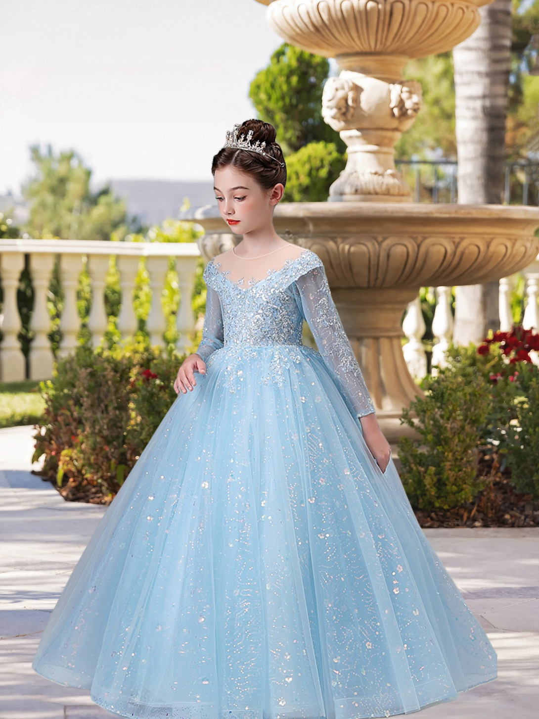 Boat Neck Long Sleeve Floor-Length Lace/Tulle/Sequins Ball Gown/Princess With Appliques Gidiondress