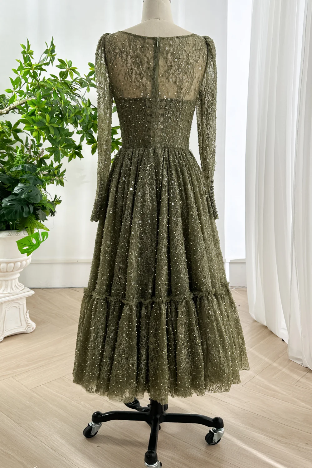 Olive Green Prom Dress Long Sleeve Sequin Lace Midi Dress Evening Party dress BabaMila
