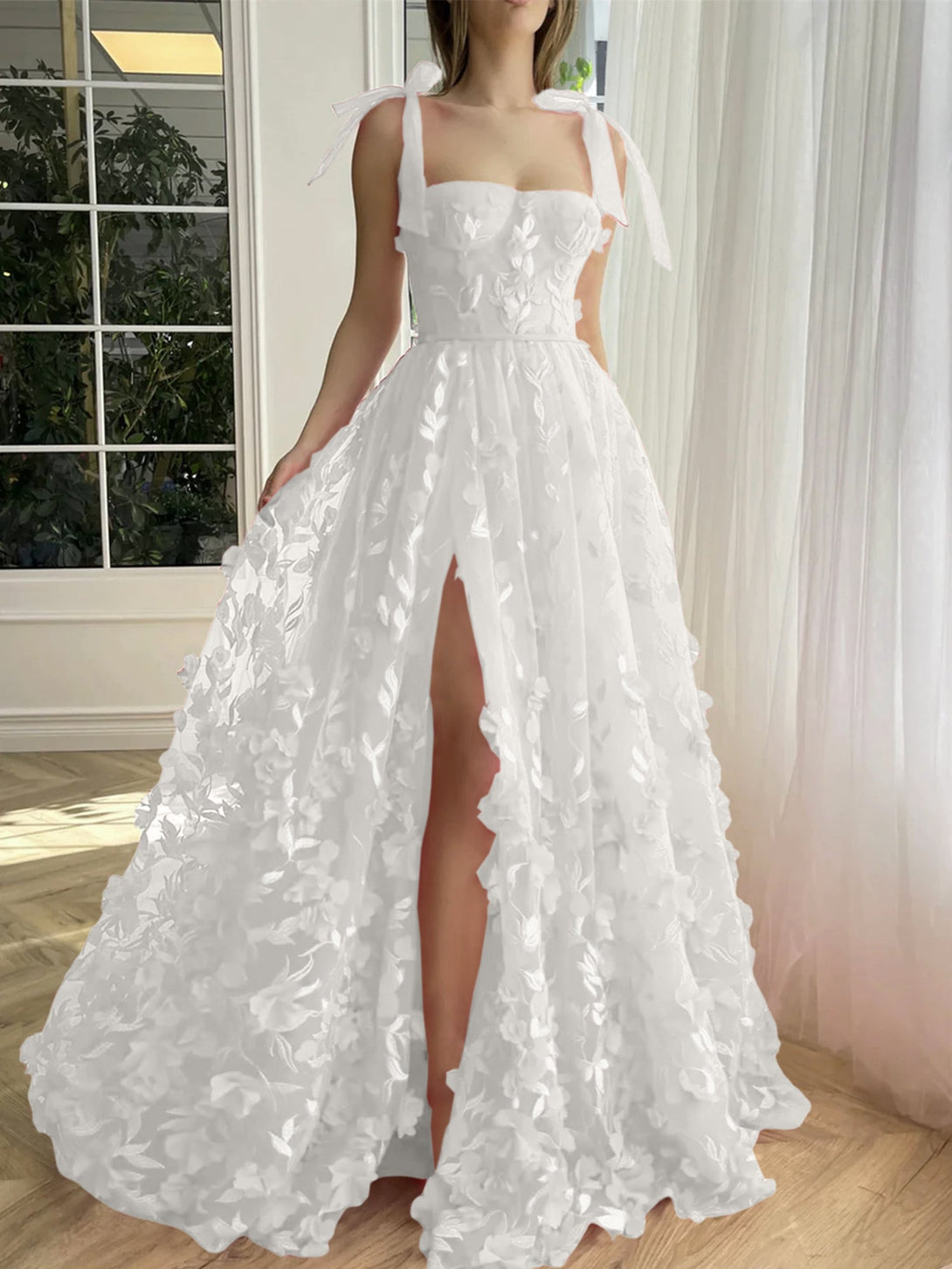 A-Line/Princess Spaghetti Straps Long Prom Floral Dresses With Split Side BabaMila