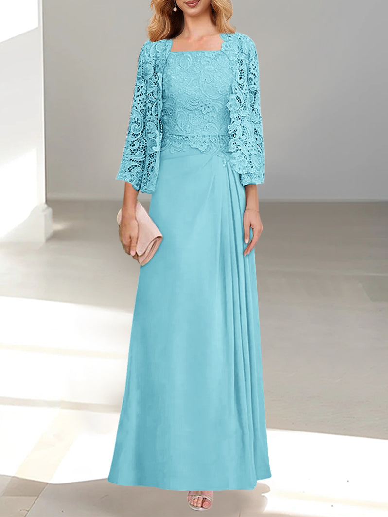 Pieces A-Line/Princess Scoop Floor-Length Mother Of The Bride Dresses With Pleated & Lace Appliques BabaMila