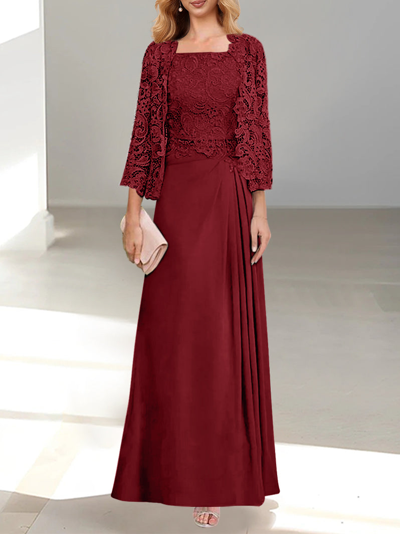 Pieces A-Line/Princess Scoop Floor-Length Mother Of The Bride Dresses With Pleated & Lace Appliques BabaMila