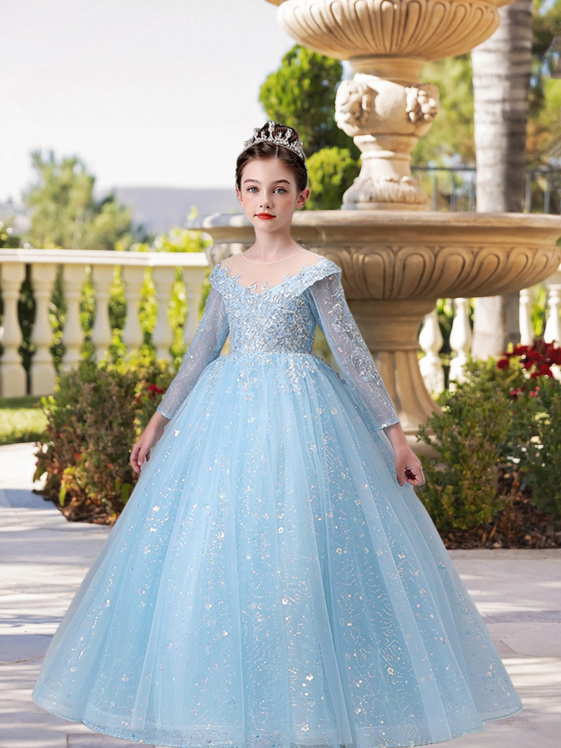 Boat Neck Long Sleeve Floor-Length Lace/Tulle/Sequins Ball Gown/Princess With Appliques Gidiondress sky blue 12M