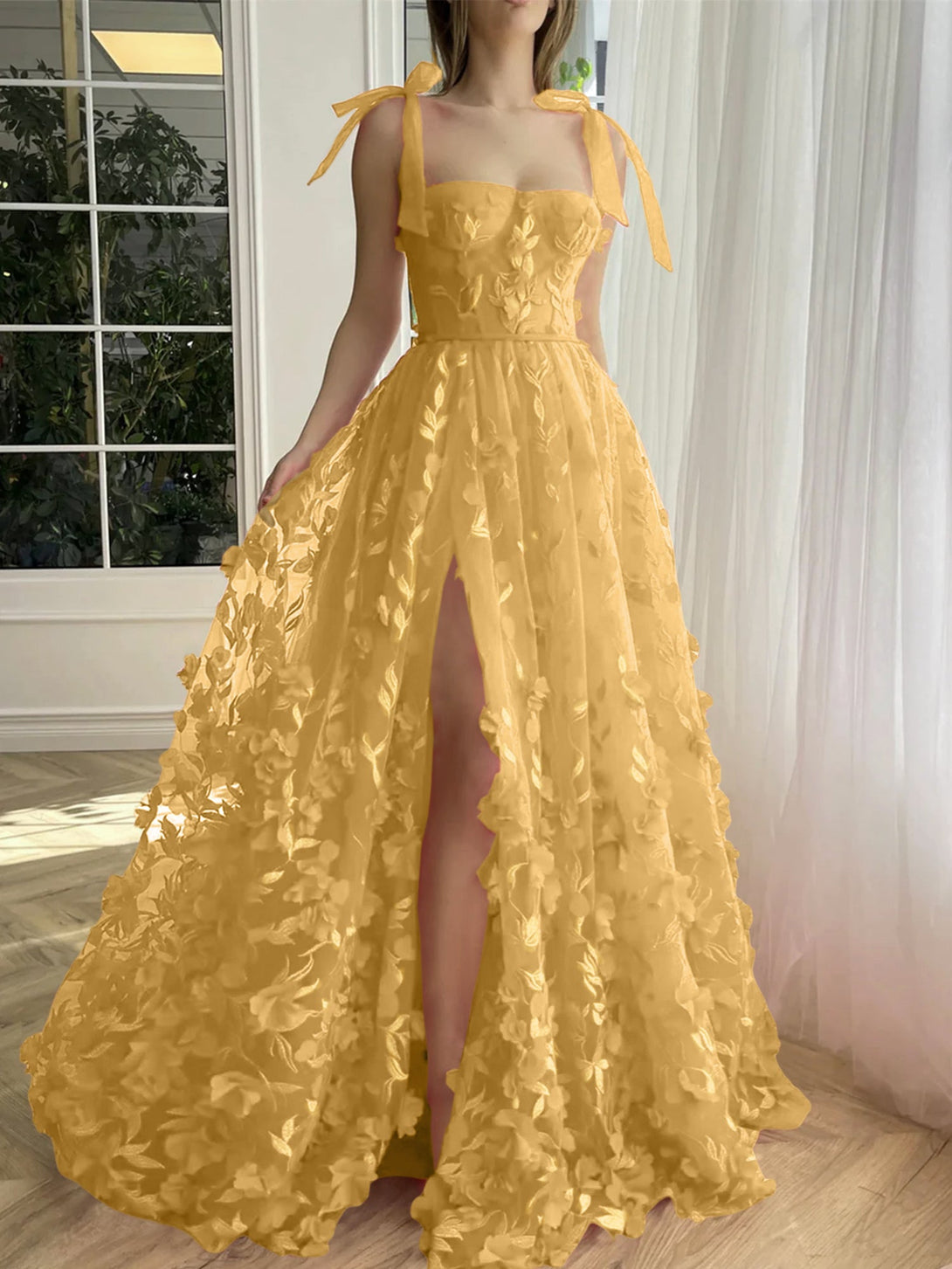 A-Line/Princess Spaghetti Straps Long Prom Floral Dresses With Split Side BabaMila