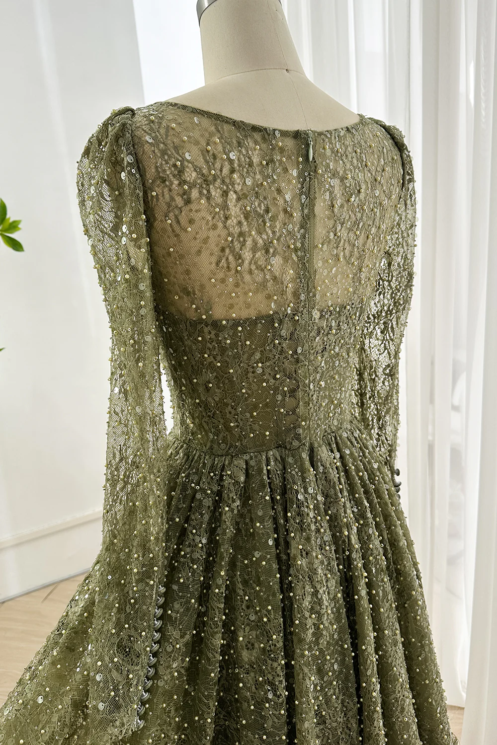 Olive Green Prom Dress Long Sleeve Sequin Lace Midi Dress Evening Party dress BabaMila
