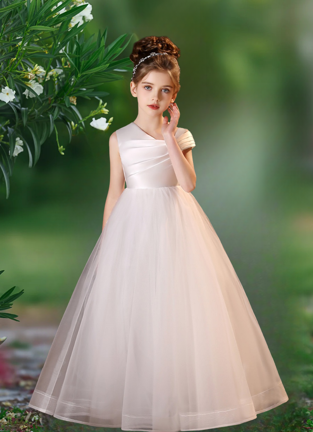 Asymmetrical Neck Sleeveless Floor-Length Satin/Tulle Flower Girl Dresses With Pleated/Beads Girls Gidiondress