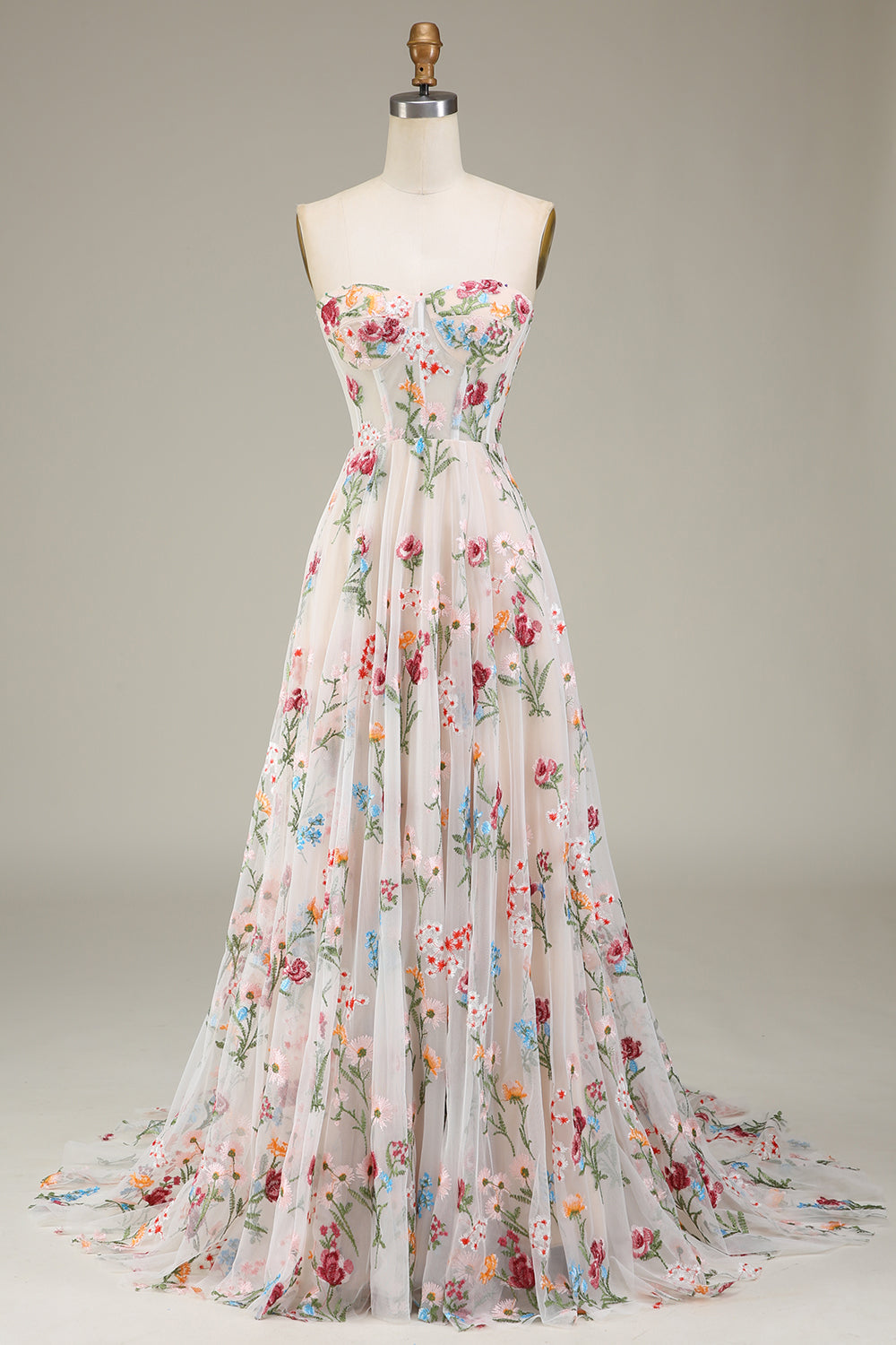 A-Line/Princess Sweetheart Strapless Floor-Length Floral Evening Dress With Embroidery BabaMila