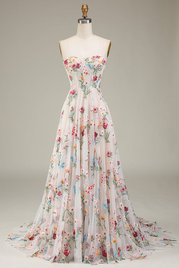 A-Line/Princess Sweetheart Strapless Floor-Length Floral Evening Dress With Embroidery BabaMila