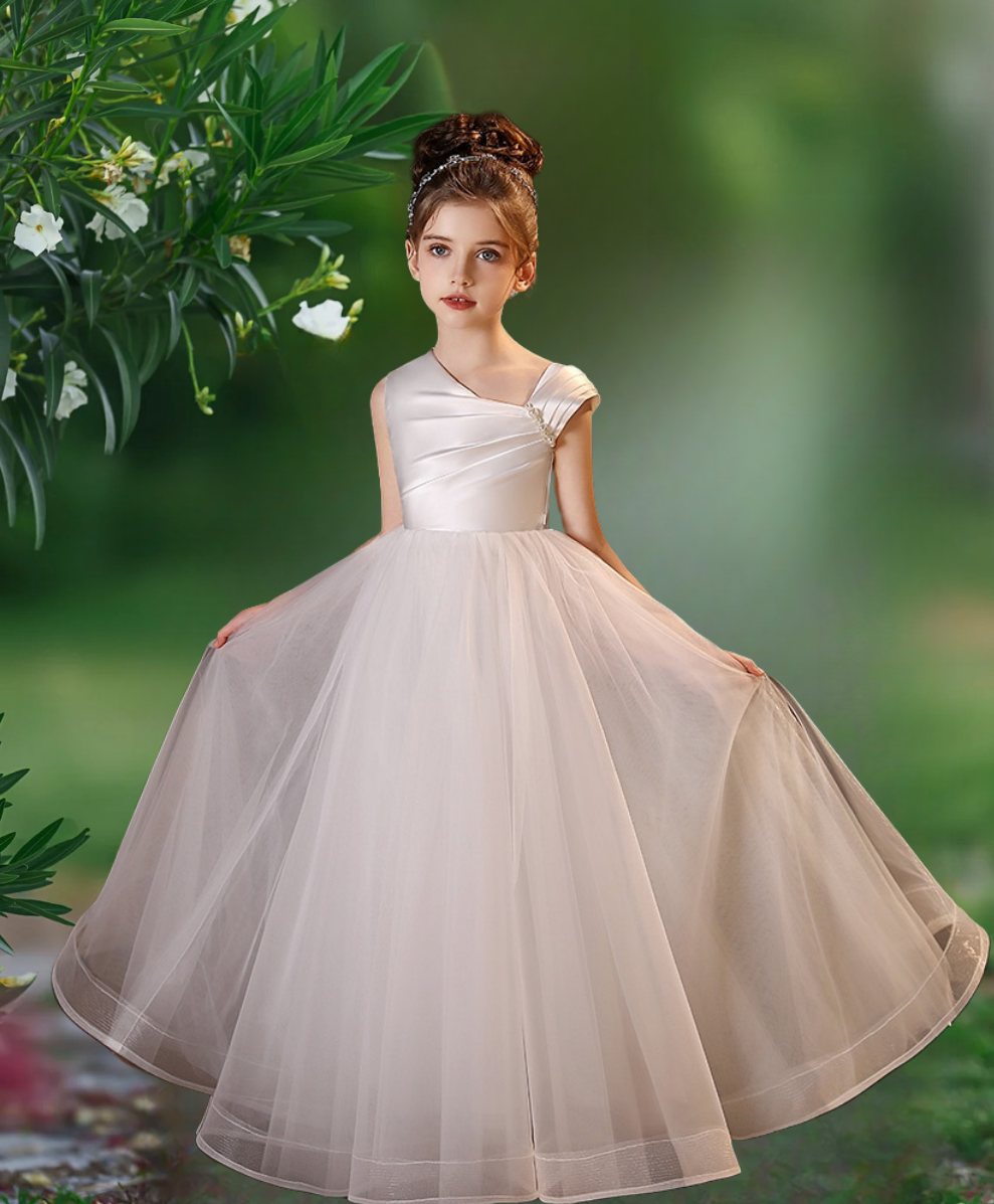 Asymmetrical Neck Sleeveless Floor-Length Satin/Tulle Flower Girl Dresses With Pleated/Beads Girls Gidiondress
