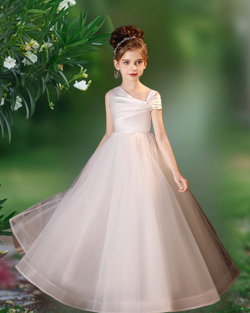 Asymmetrical Neck Sleeveless Floor-Length Satin/Tulle Flower Girl Dresses With Pleated/Beads Girls Gidiondress