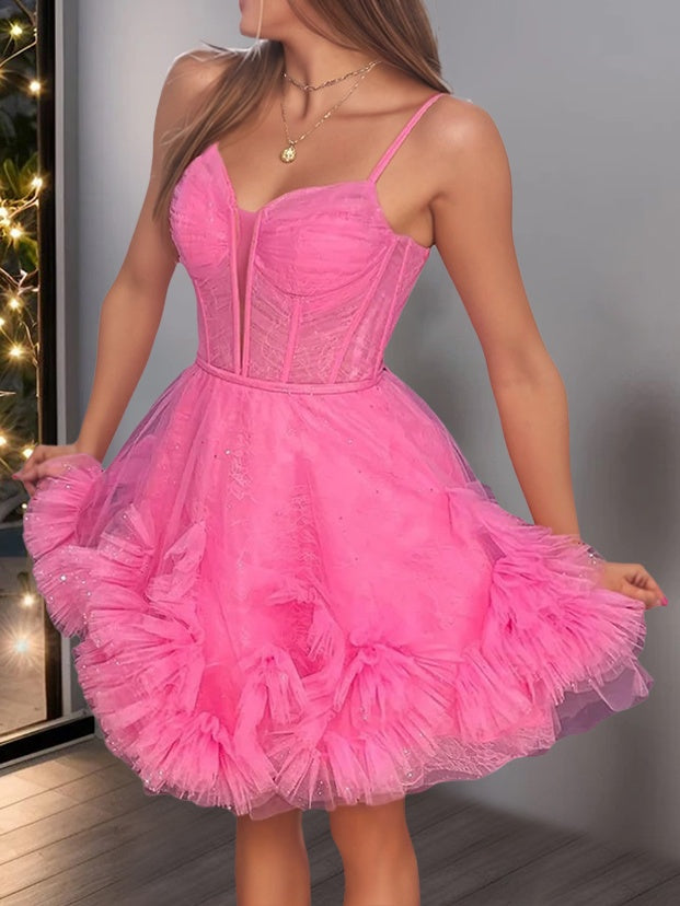 A-Line/Princess Spaghetti-Strap Sleeveless Short/Mini Party Dance Cocktail Homecoming Dress With Pleats/Ruffles BabaMila