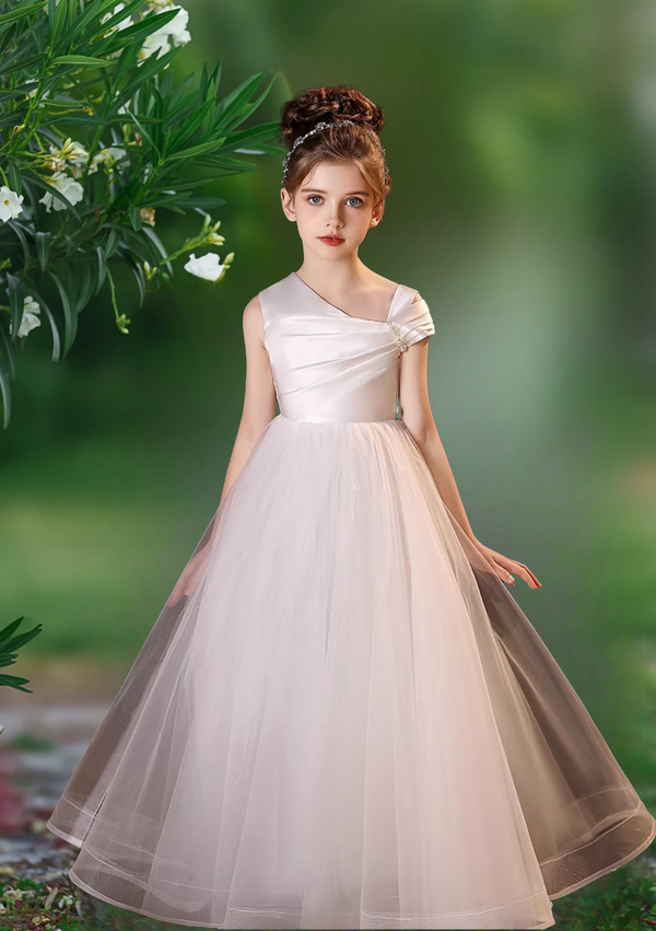 Asymmetrical Neck Sleeveless Floor-Length Satin/Tulle Flower Girl Dresses With Pleated/Beads Girls Gidiondress