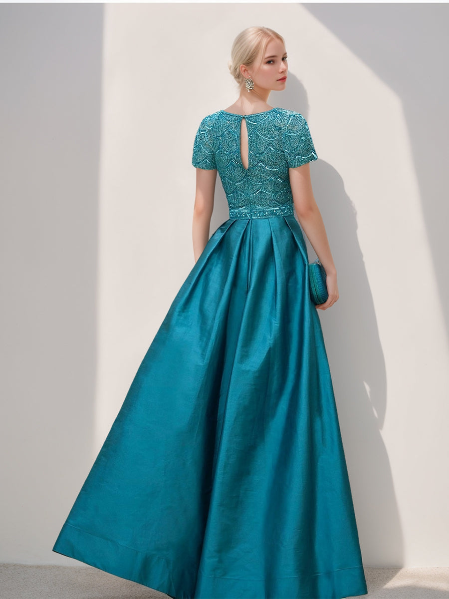 A-Line/Princess Scoop Short Sleeves Evening Dresses with Split Side/Sequins BabaMila