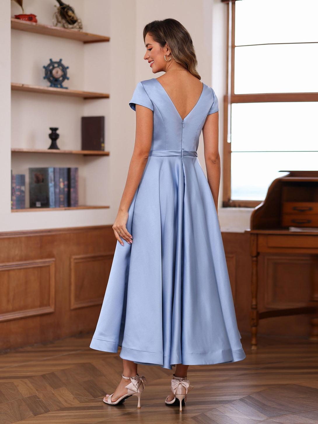 A-Line/Princess V-Neck Short Sleeves Ankle-Length Mother Of The Bride Dresses With Pockets & Ruffles BabaMila