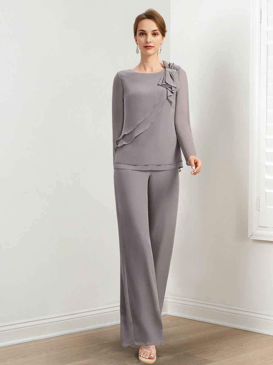 Chiffon Mother Of The Bride Pantsuits With Beading & Ruffles BabaMila