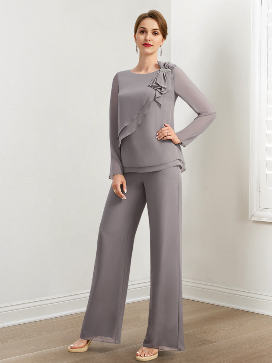 Chiffon Mother Of The Bride Pantsuits With Beading & Ruffles BabaMila