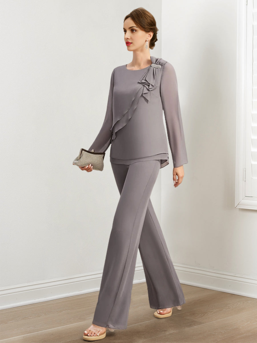 Chiffon Mother Of The Bride Pantsuits With Beading & Ruffles BabaMila