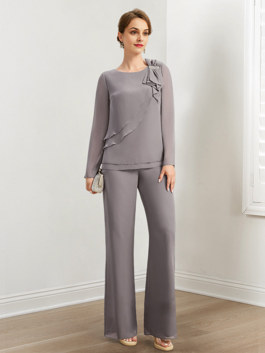 Chiffon Mother Of The Bride Pantsuits With Beading & Ruffles BabaMila