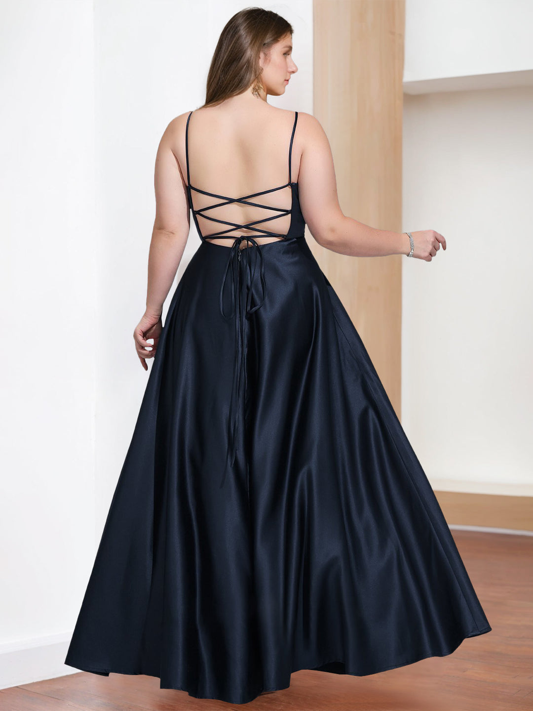 A-Line/Princess V-Neck Spaghetti Straps Sleeveless Floor-Length Plus Size Prom Evening Dresses with Split Side BabaMila