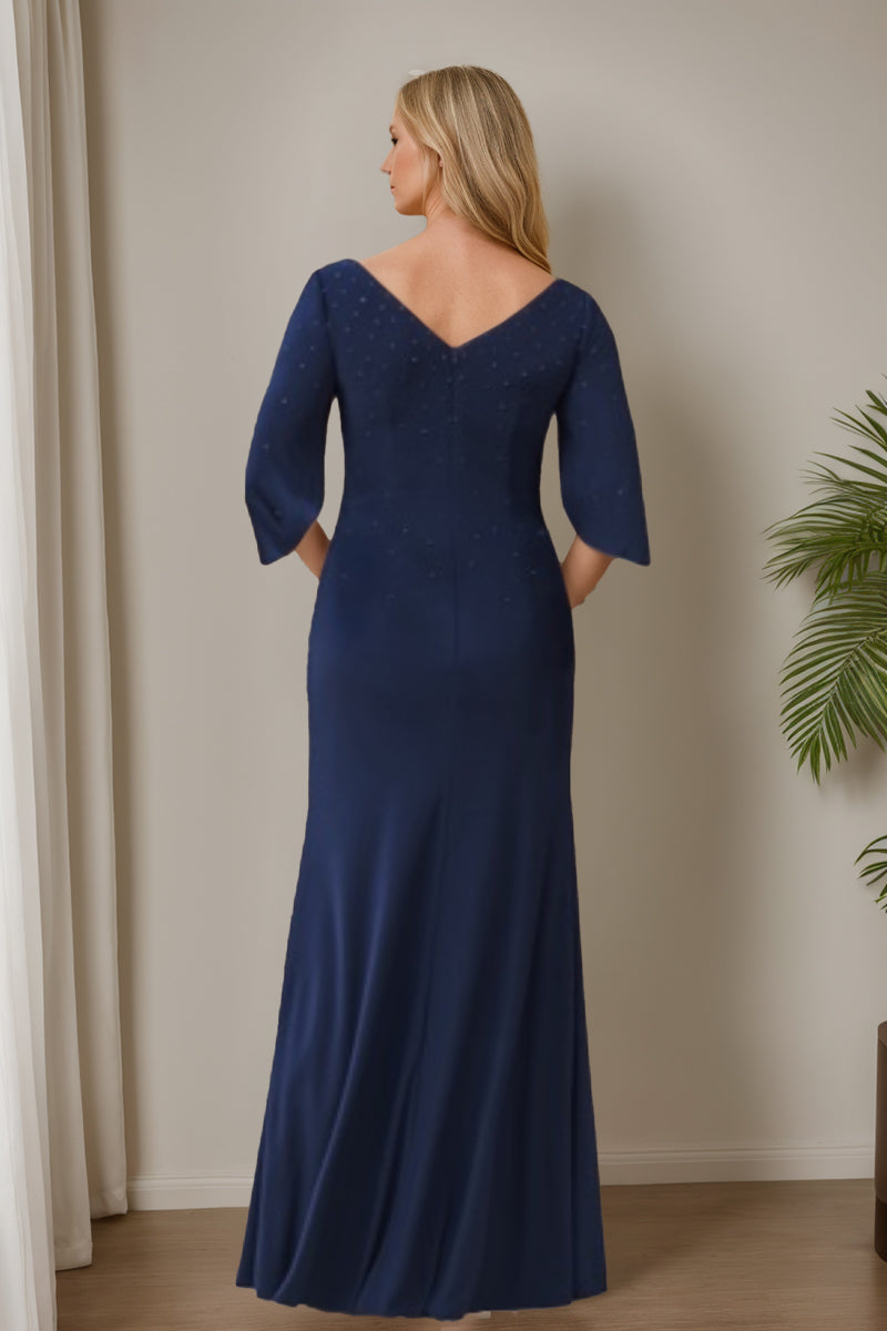 Trumpet/Mermaid V-Neck Half Sleeves Mother Of The Bride & Groom Dresses With High Split & Beading BabaMila