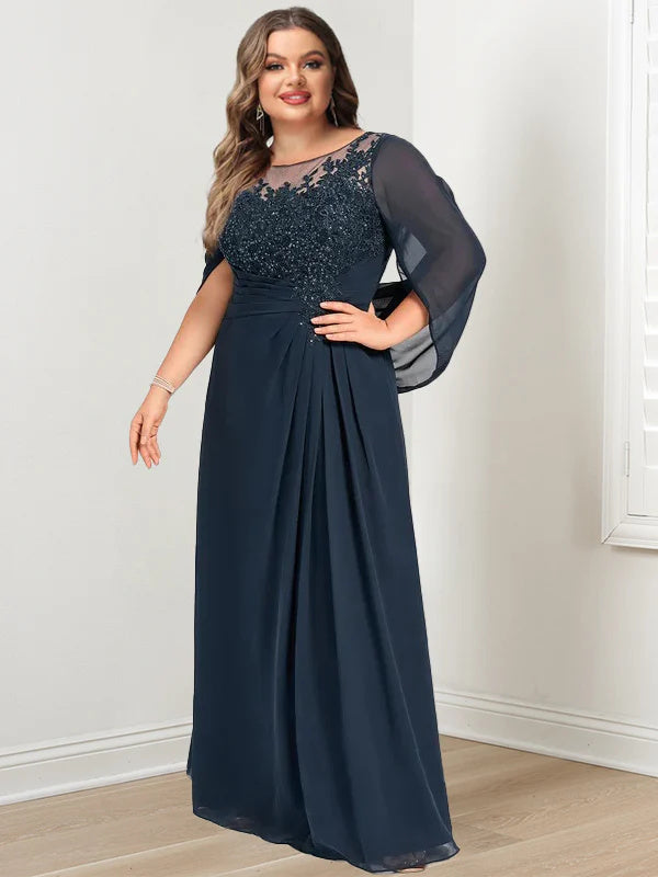 A-Line/Princess Scoop Floor-Length Plus Size Mother Of The Bride Dresses With Pleated & Sequins BabaMila