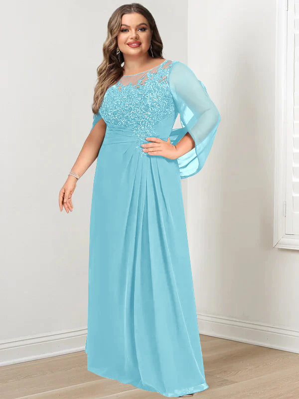 A-Line/Princess Scoop Floor-Length Plus Size Mother Of The Bride Dresses With Pleated & Sequins BabaMila